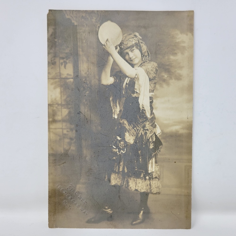 Antique 1919 H. Tarr NYC Broadway 6" x 4" Photo Woman with Tambourine Vaudeville